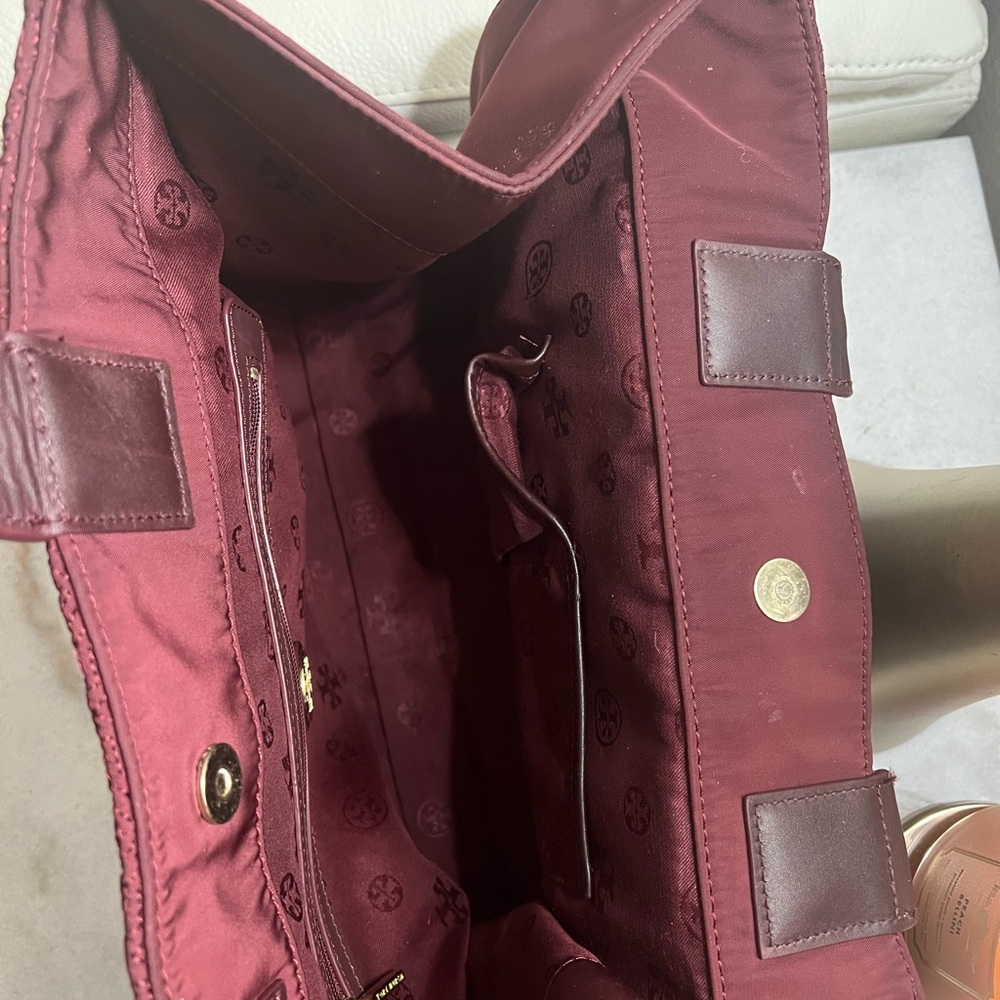Burgundy quilt and leather Tory Burch tote bag